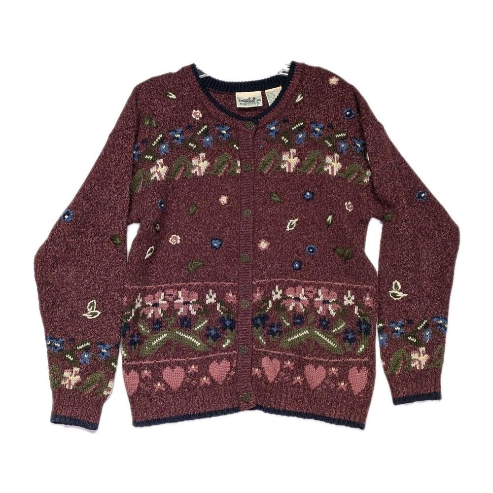 Vintage Northern Reflections Cardigan Sweater Womens M Floral Heart Cottage Core